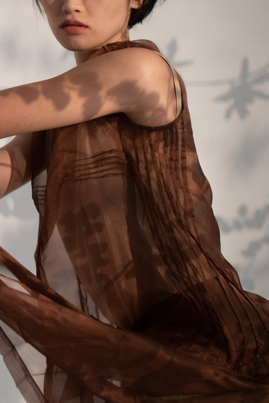 Stand collar pleated top in brown organza