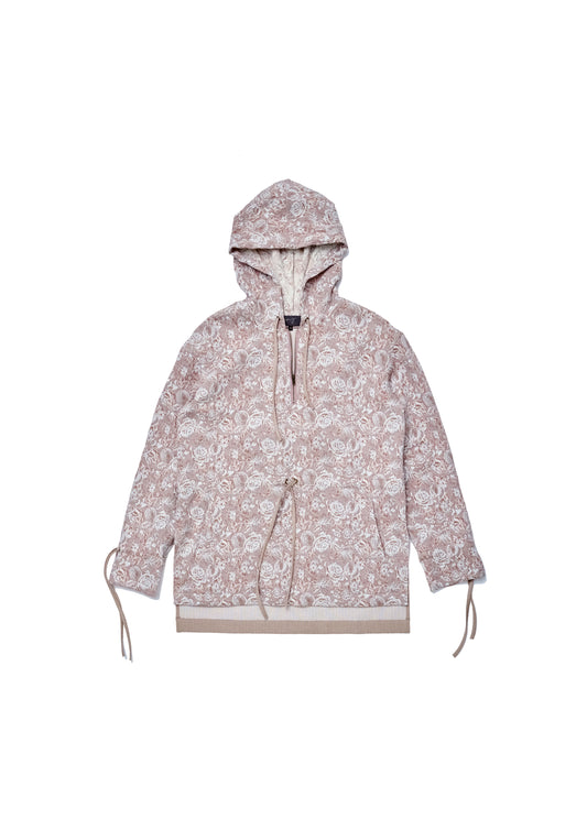 Floral jacquard patched herringbone woven hoodie in Sienna