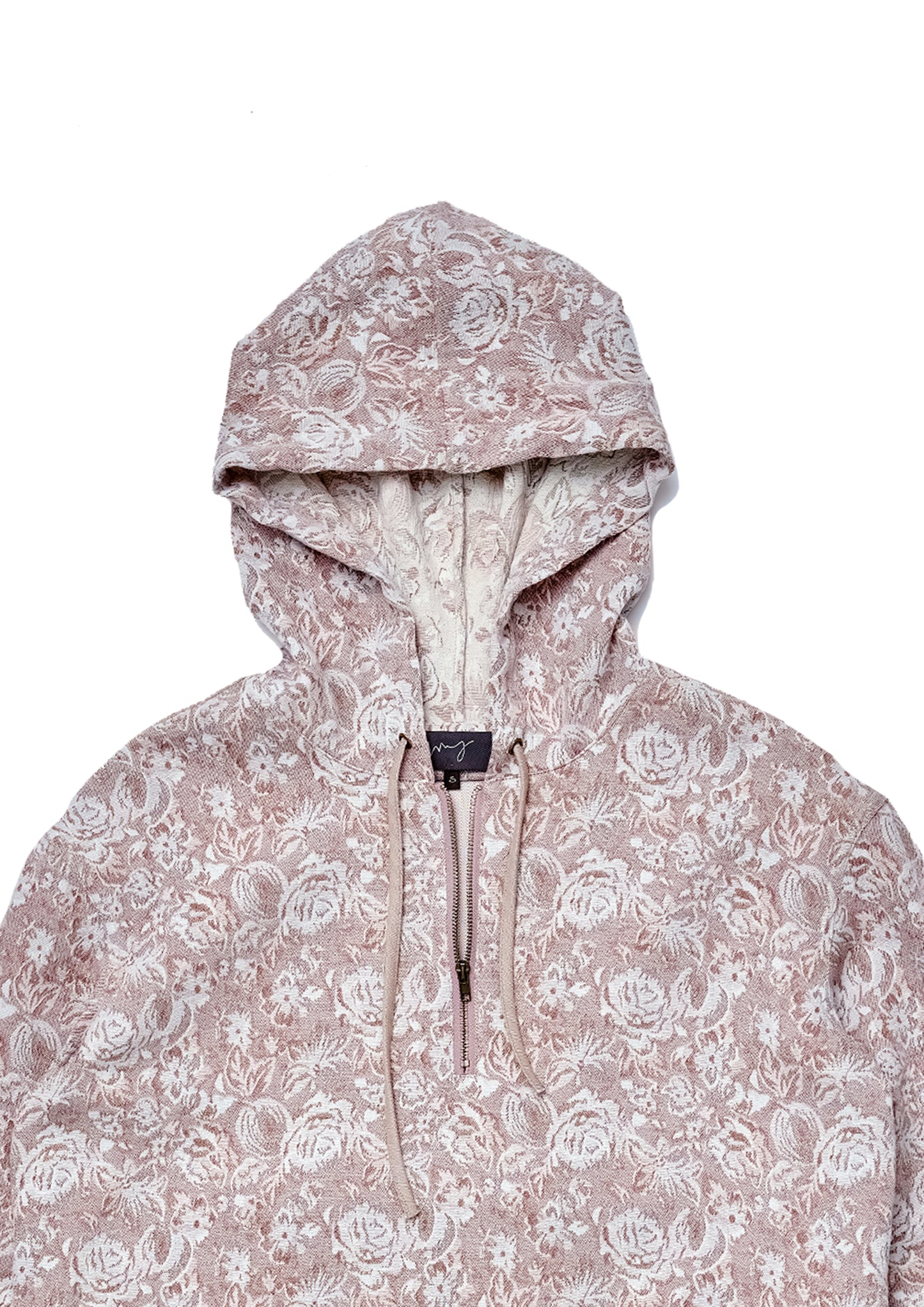 Floral jacquard patched herringbone woven hoodie in Sienna