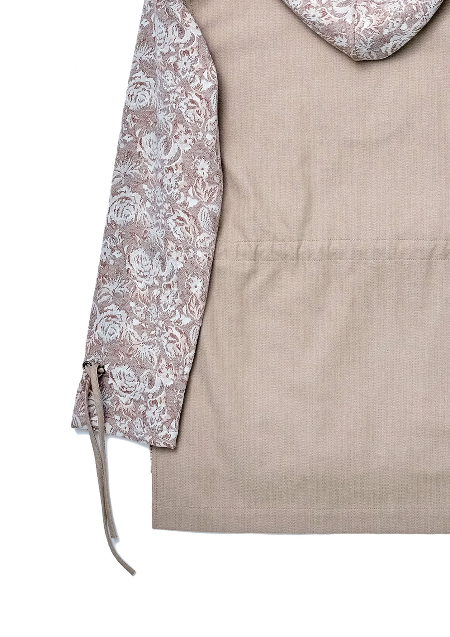 Floral jacquard patched herringbone woven hoodie in Sienna