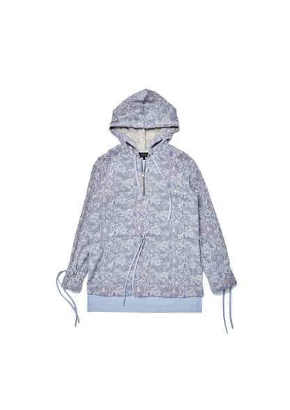 Floral jacquard patched herringbone woven hoodie in powder blue