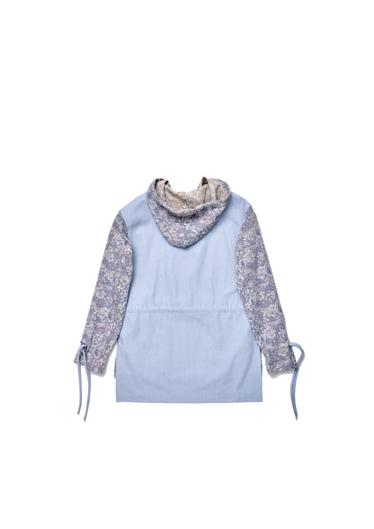 Floral jacquard patched herringbone woven hoodie in powder blue