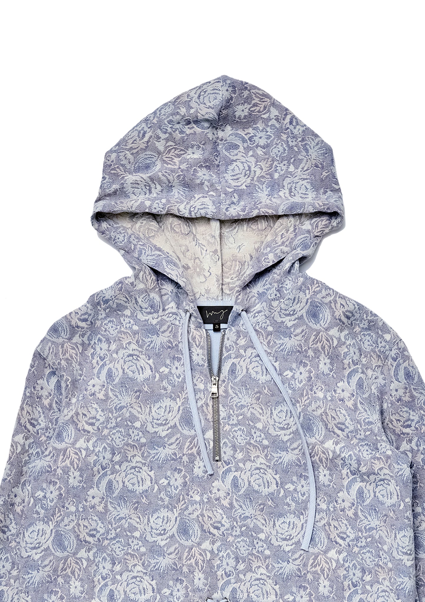 Floral jacquard patched herringbone woven hoodie in powder blue