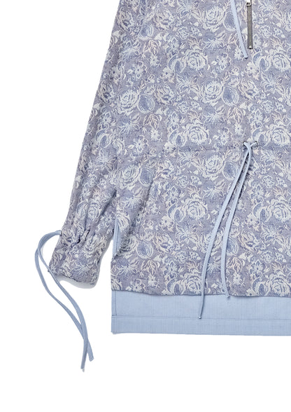 Floral jacquard patched herringbone woven hoodie in powder blue