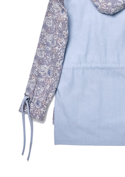 Floral jacquard patched herringbone woven hoodie in powder blue