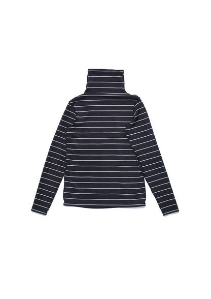 Y cut turtle neck striped top in black striped jersey