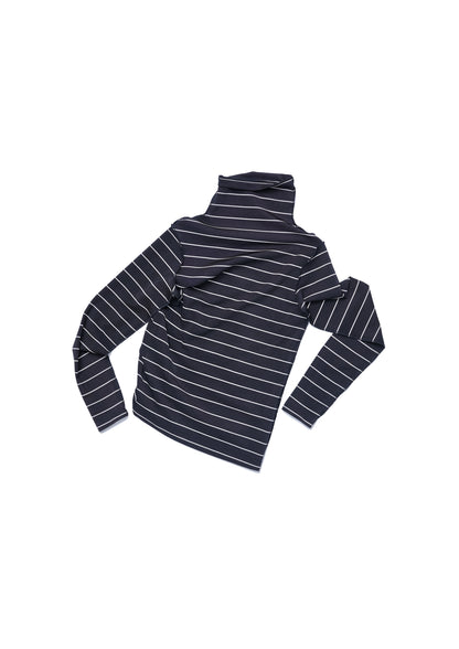 Y cut turtle neck striped top in black striped jersey