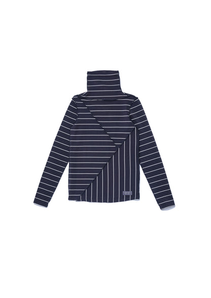 Y cut turtle neck striped top in black striped jersey