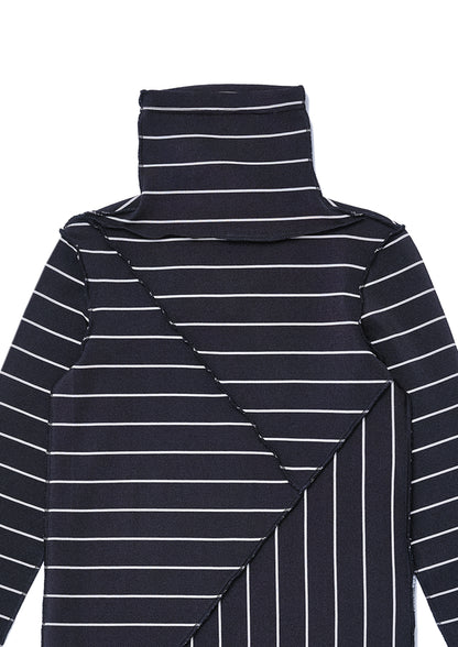 Y cut turtle neck striped top in black striped jersey