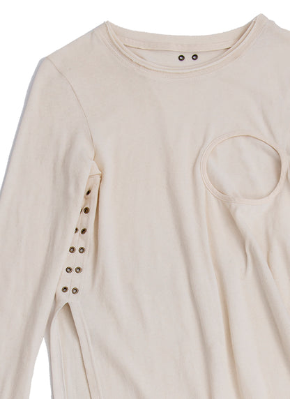 Asymmetric A-line long sleeve knit top in cream cotton jersey